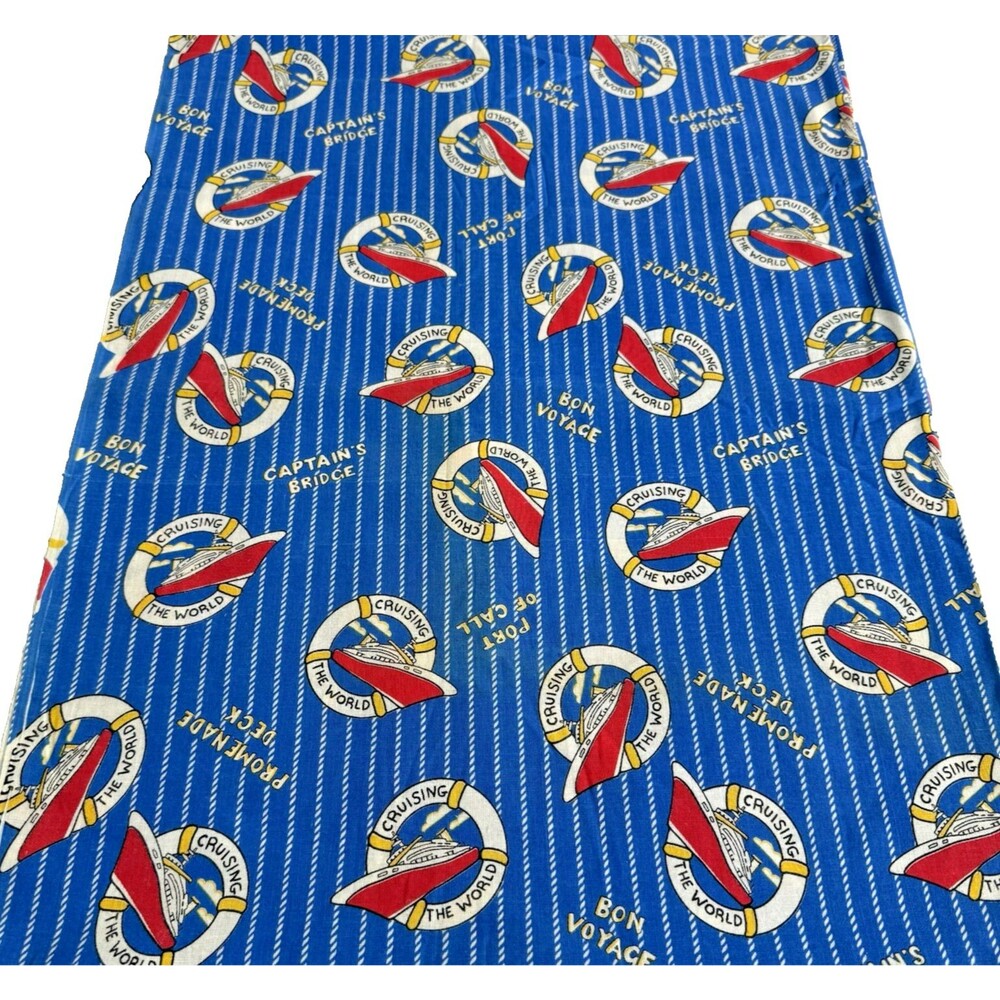 Vintage Blue Cruise Line Ship Fabric Ahoy Bon Voyage Cotton 3 1/2yd x 44"